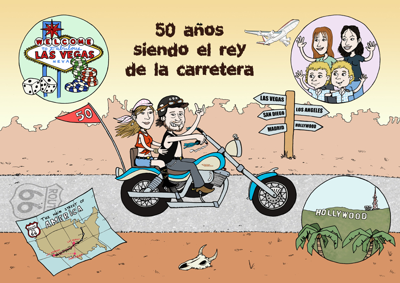 Caricatura de un motero en la ruta 66