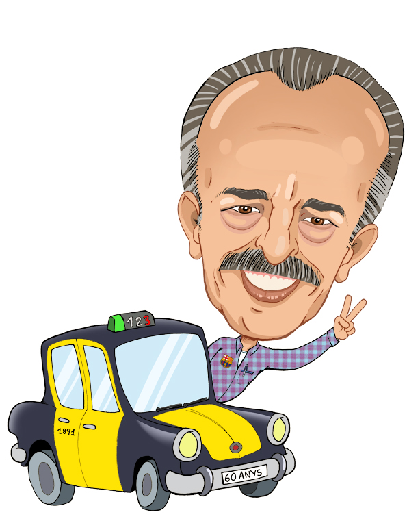 Caricatura personalitzada d'un taxista de Barcelona pels 60 anys